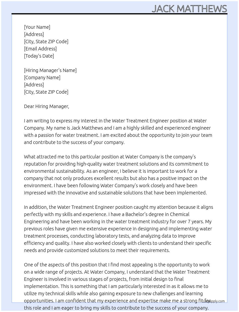 Water Treatment engineer  At Water company  Cover Letter