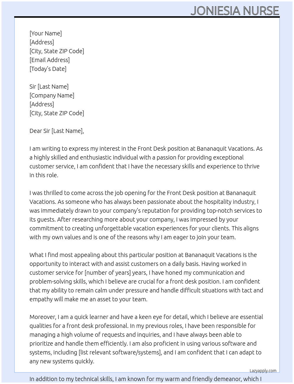 Front desk At Bananaquit Vacations Cover Letter