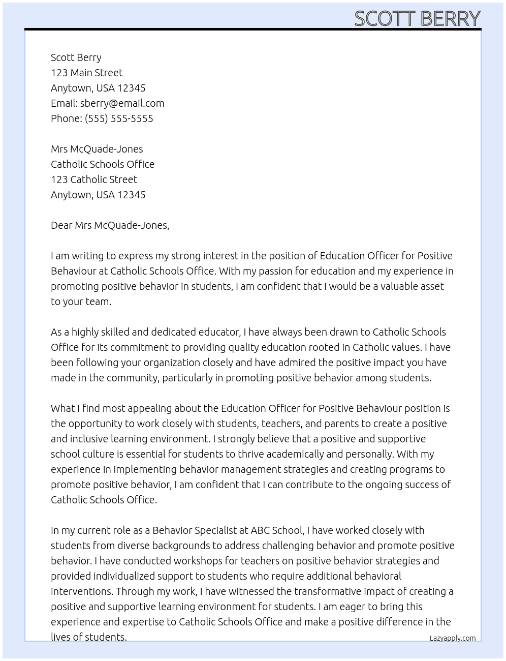 Education Officer - Positive Behaviour At  Catholic Schools Office Cover Letter
