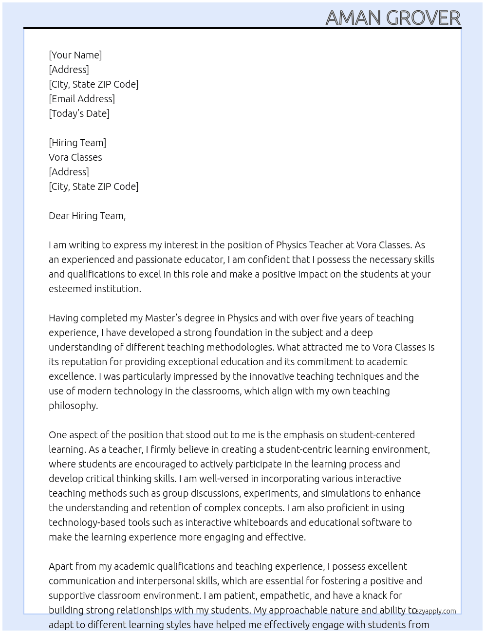 Physics teacher  At Vora classes  Cover Letter