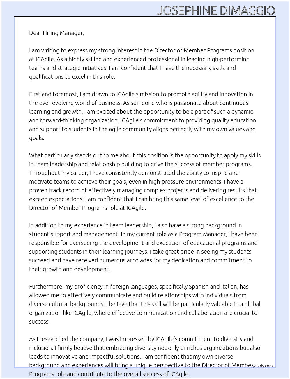 director of member programs At ICAgile Cover Letter
