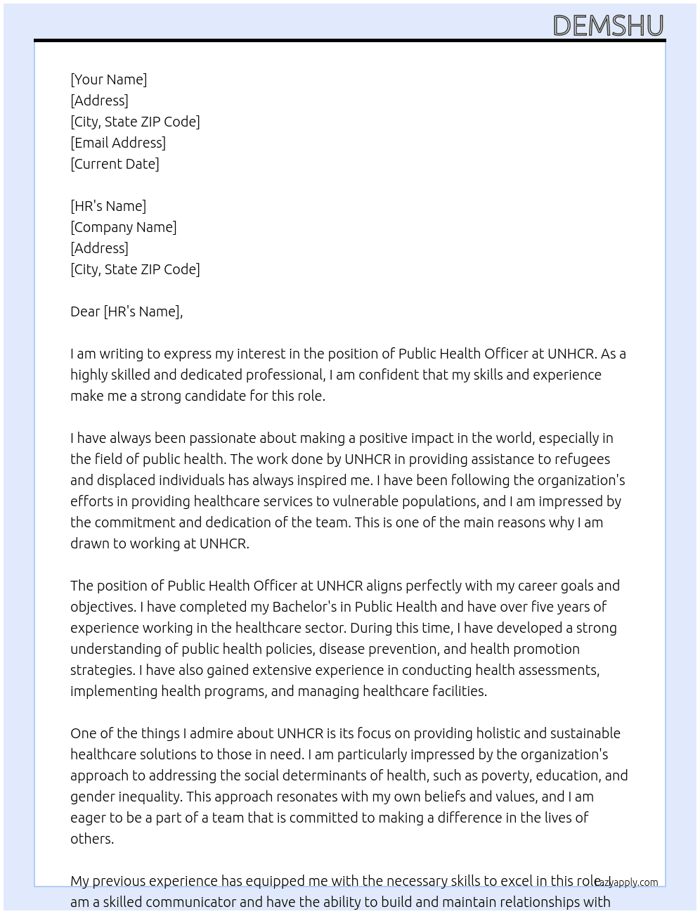 Public Health Officer  At UNHCR Cover Letter