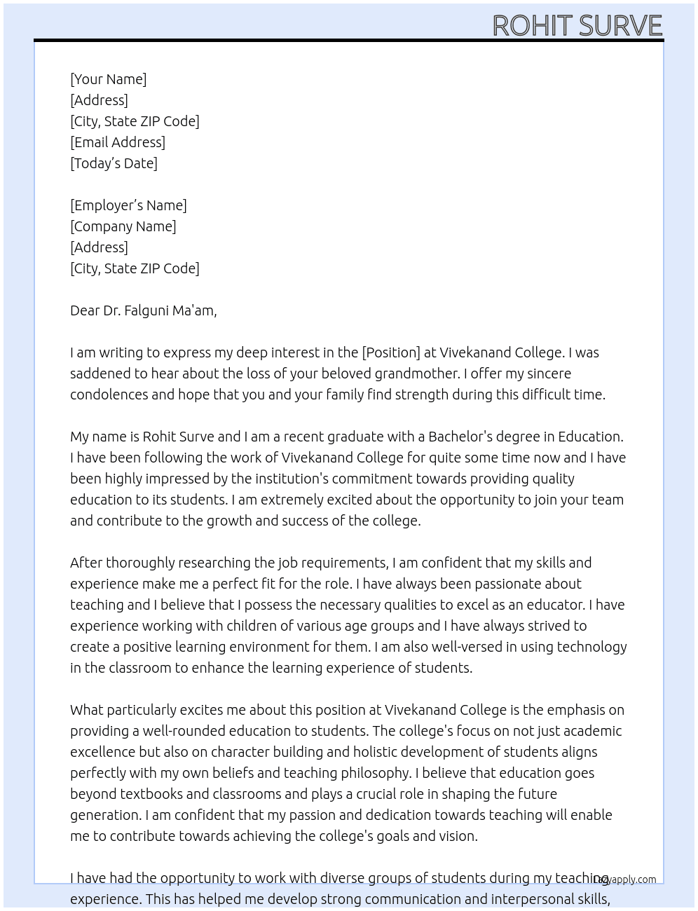 Grandmother died  At Vivekanand college  Cover Letter