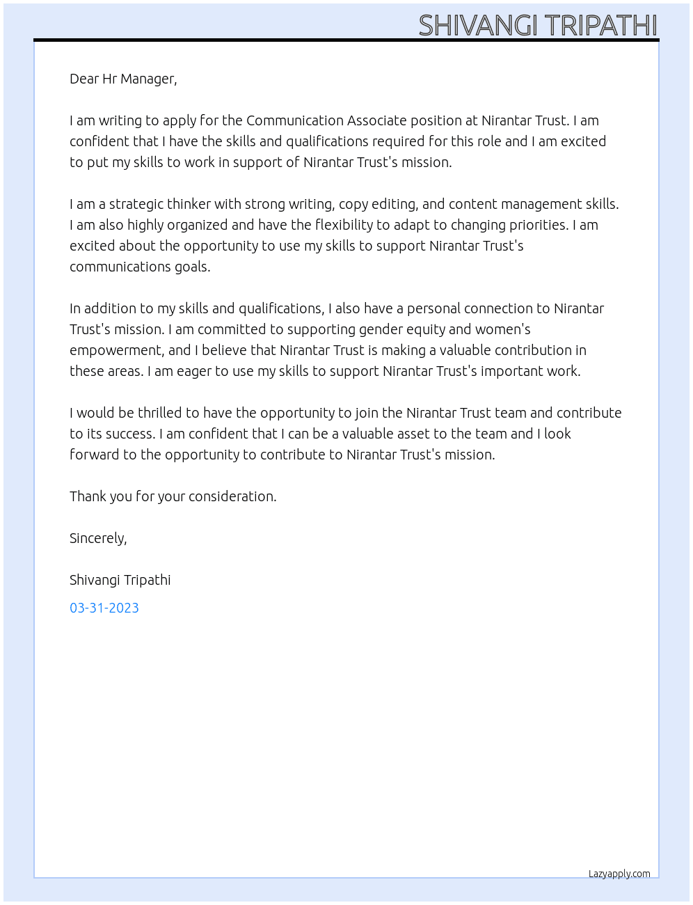 Communication Associate  At Nirantar Trust Cover Letter