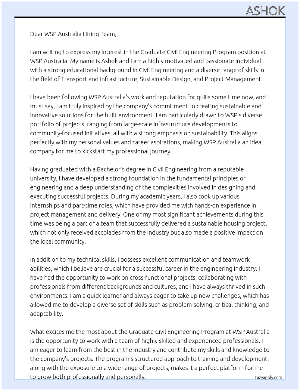 Graduate Civil Engineering rogram At WSP Australia Cover Letter