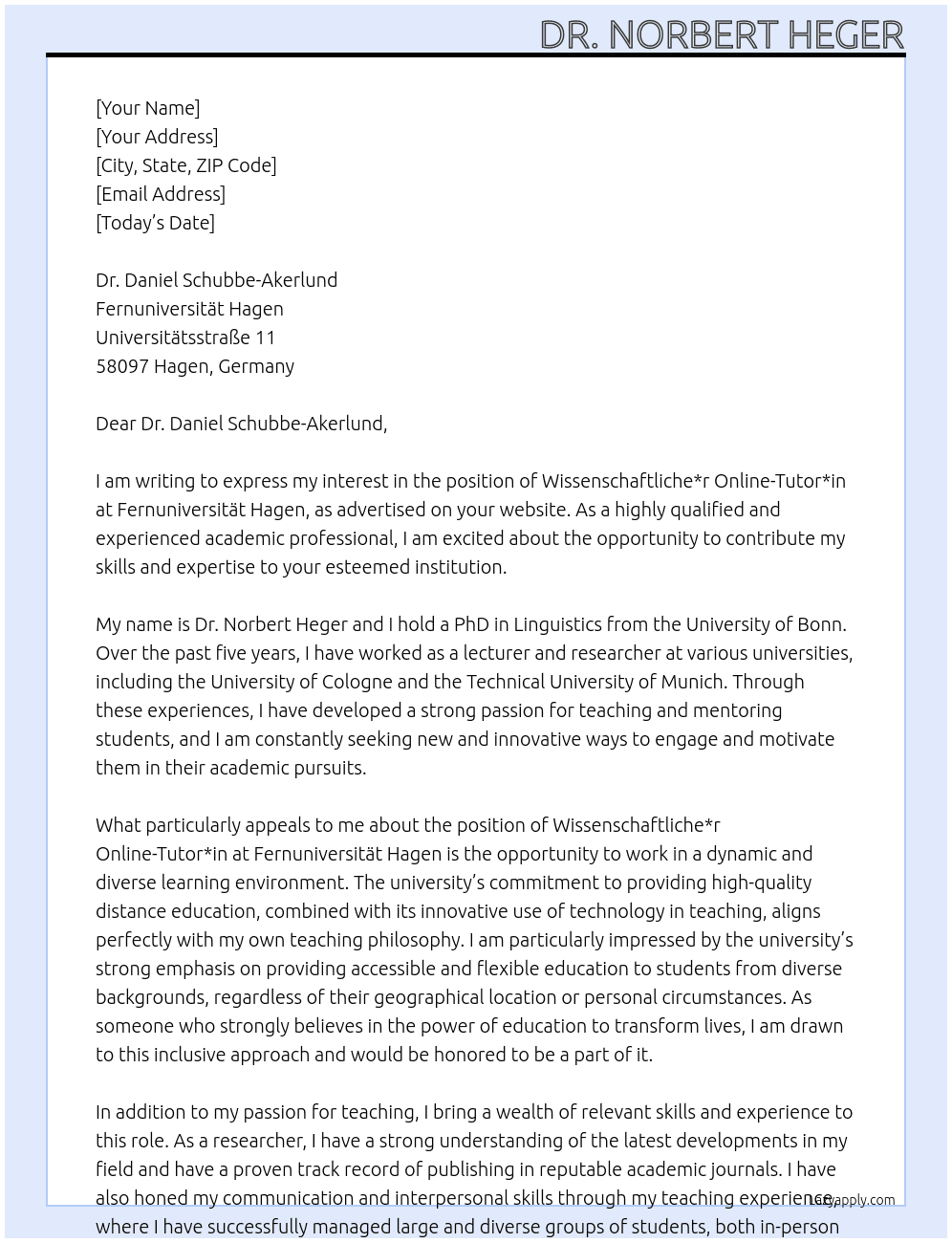 Wissenschaftliche*r Online-Tutor*in At Fernuniversität Hagen Cover Letter