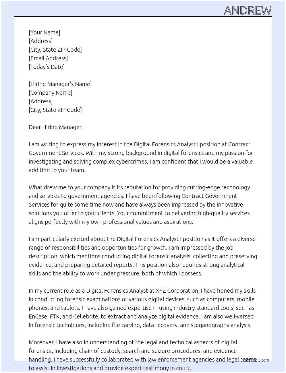 Digital Forensics Analyst I  At Contract Goverment Services Cover Letter
