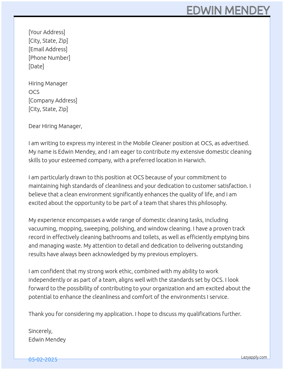 Mobile Cleaner At OCS Cover Letter