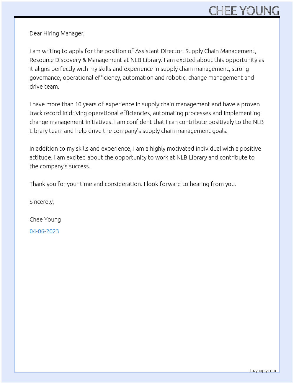 Assistant Director, Supply Chain Management, Resource Discovery & Management At NLB Library Cover Letter