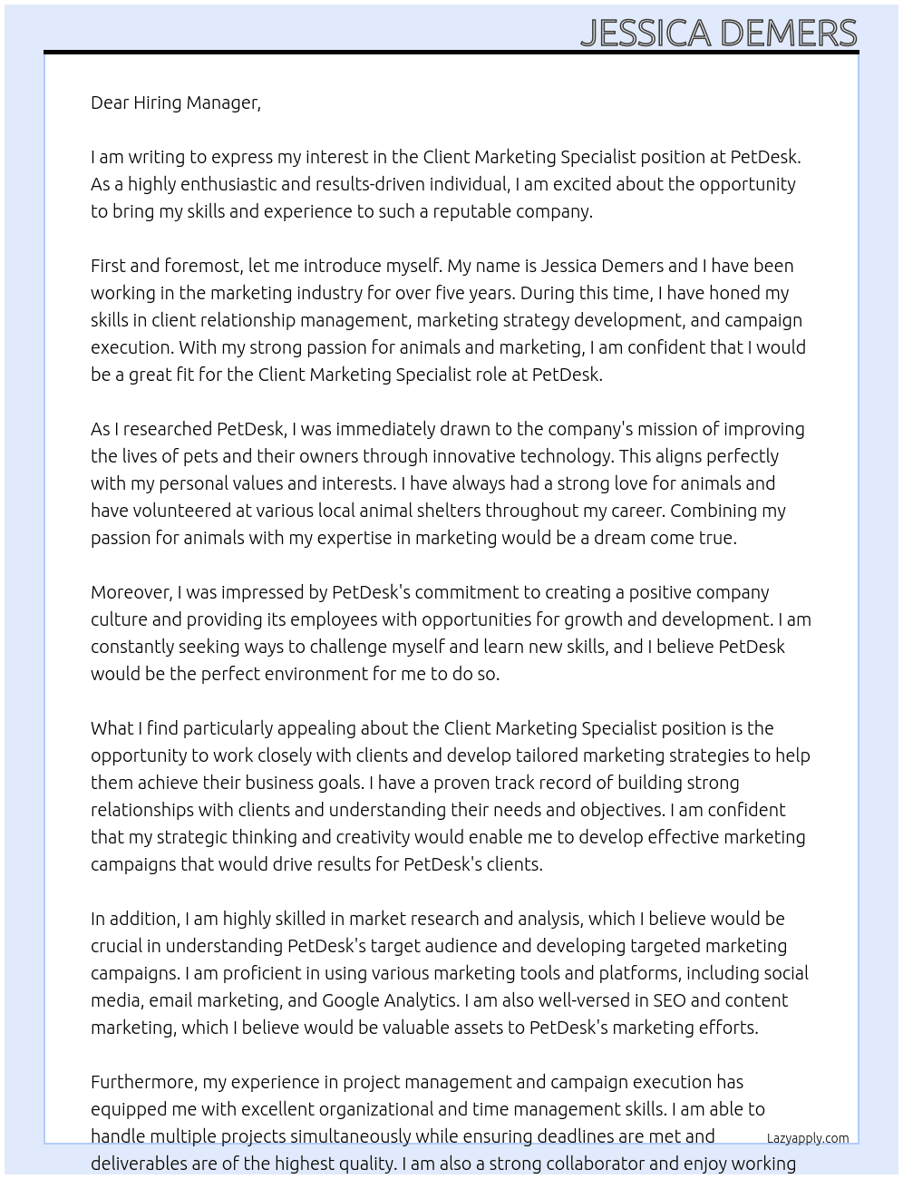 Client Marketing Specialist  At PetDesk Cover Letter