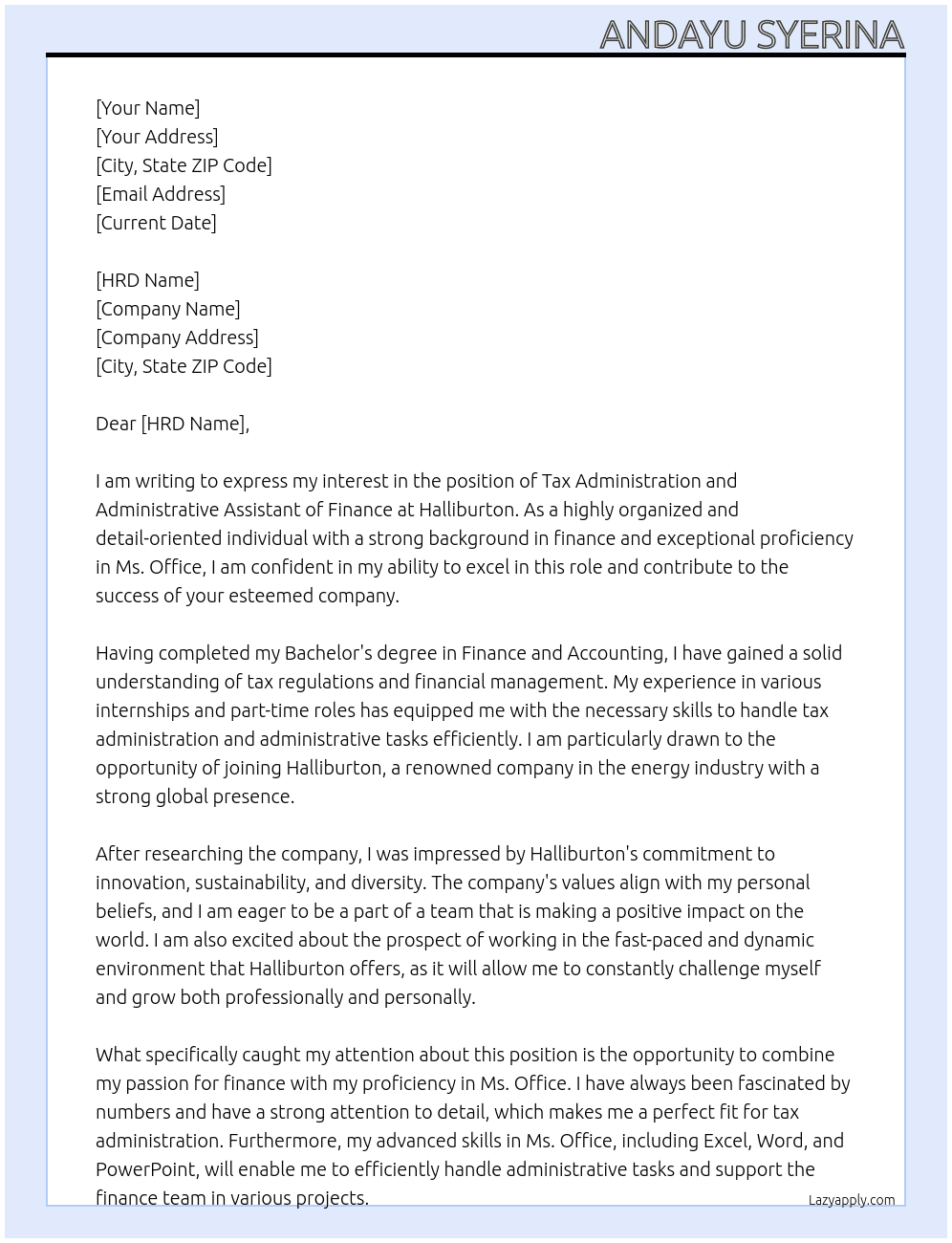 Cover letter for tax administration and administratif assistant of finance - LazyApply