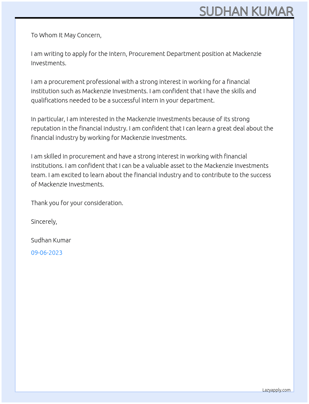 Intern, Procurement Department  At Mackenzie Investments Cover Letter