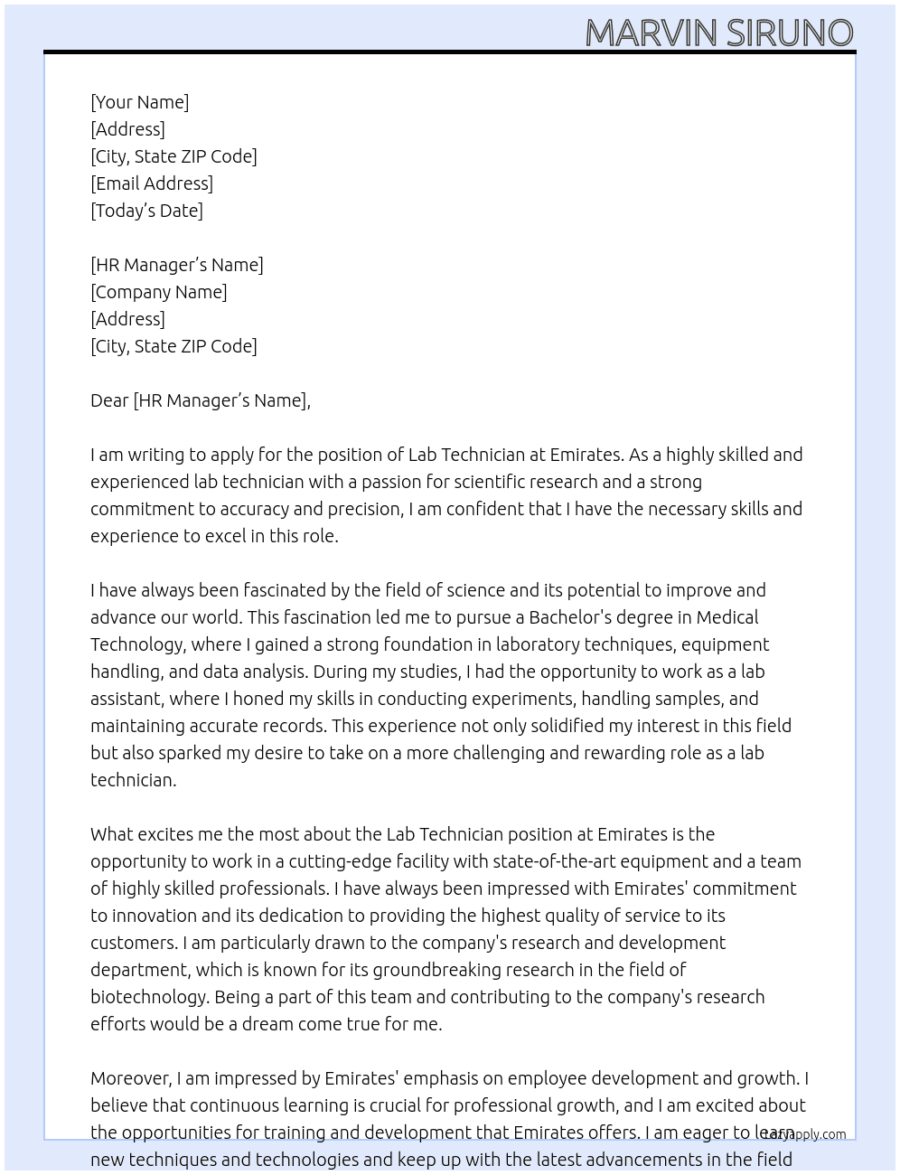 lab technician At emirates Cover Letter