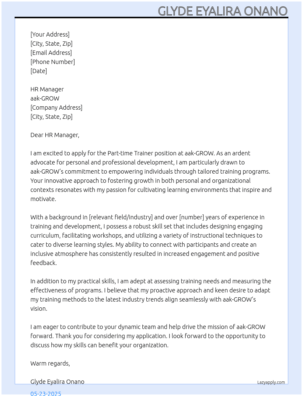 Part-time Trainer At aak-GROW Cover Letter