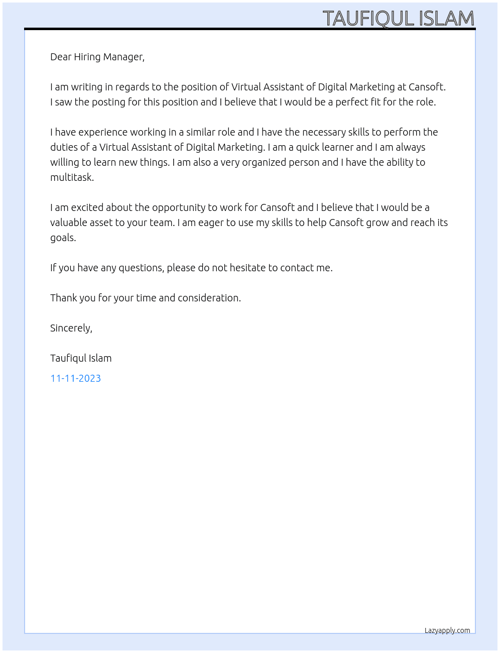 Virtual Assistant of Digital Marketing At CANSOFT Cover Letter