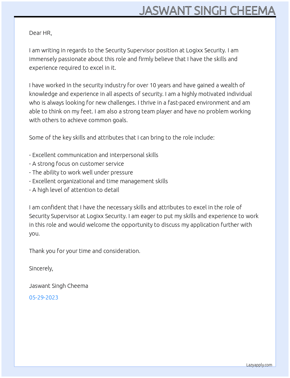 Security Supervisor At Logixx Security Cover Letter