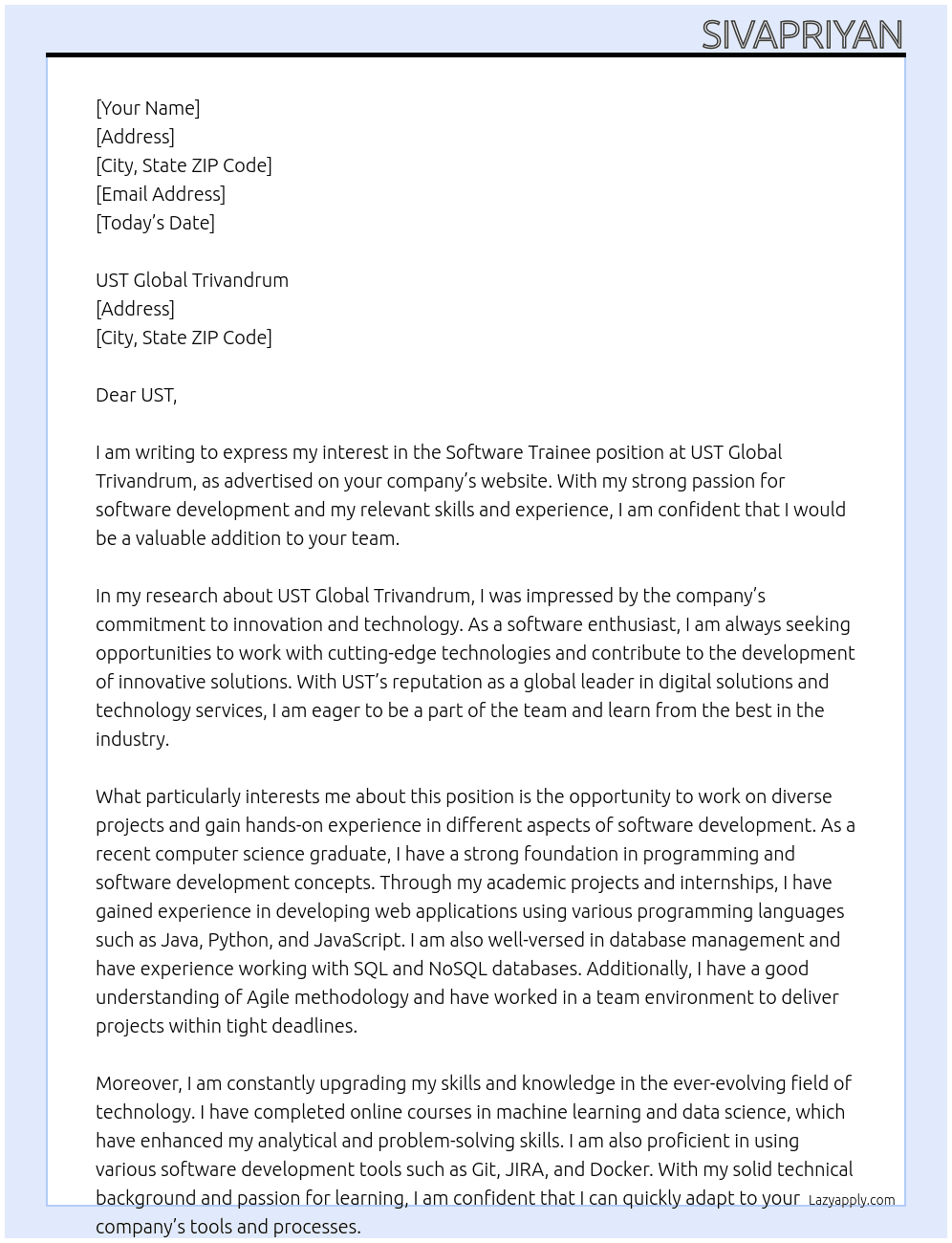 Software trainees At UST global trivandrum Cover Letter