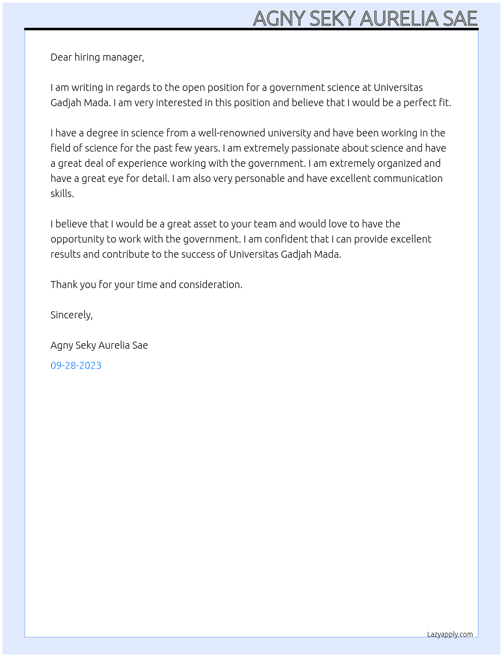 Government Science At Universitas Gadjah Mada Cover Letter