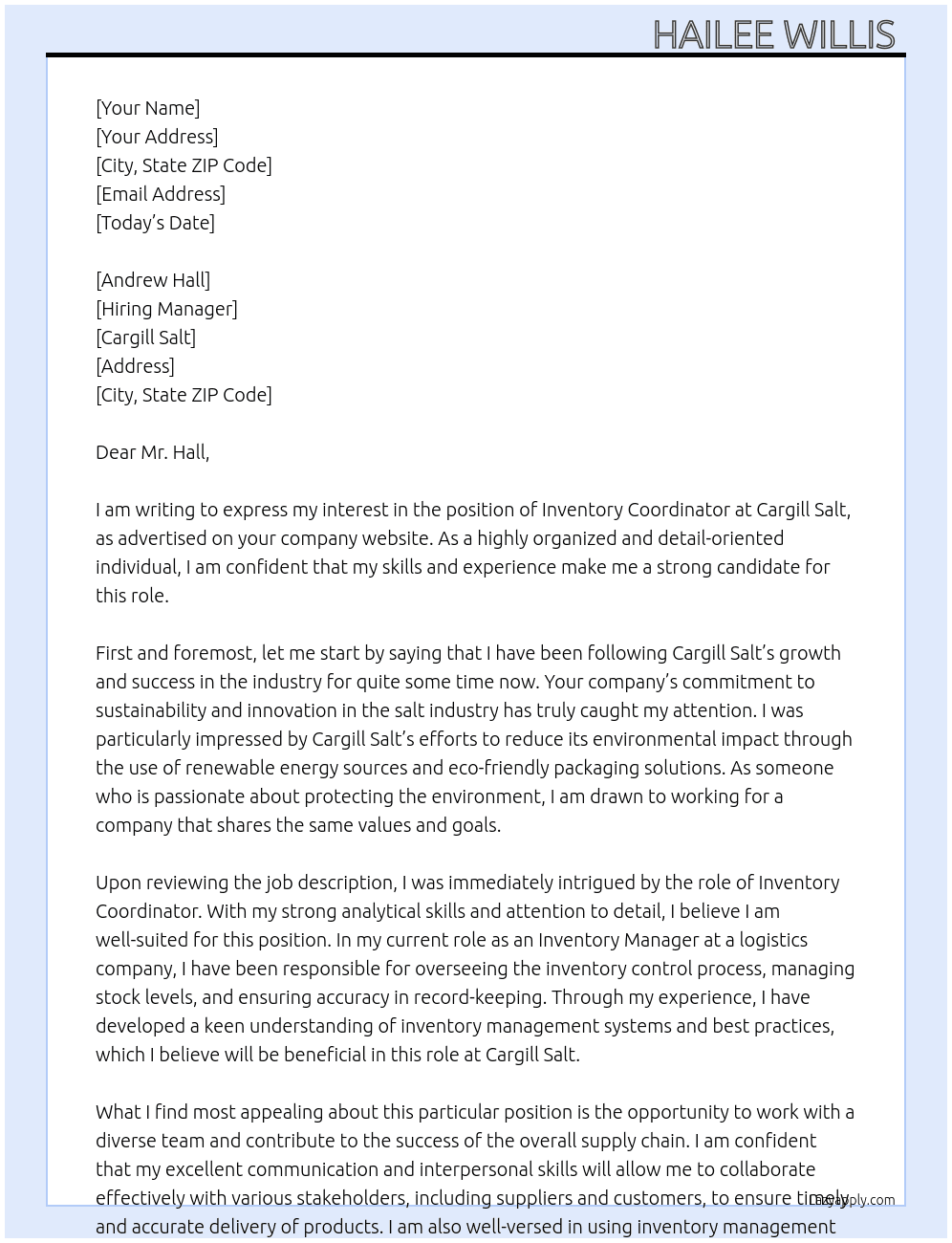 Inventory Coordinator  At Cargill Salt  Cover Letter