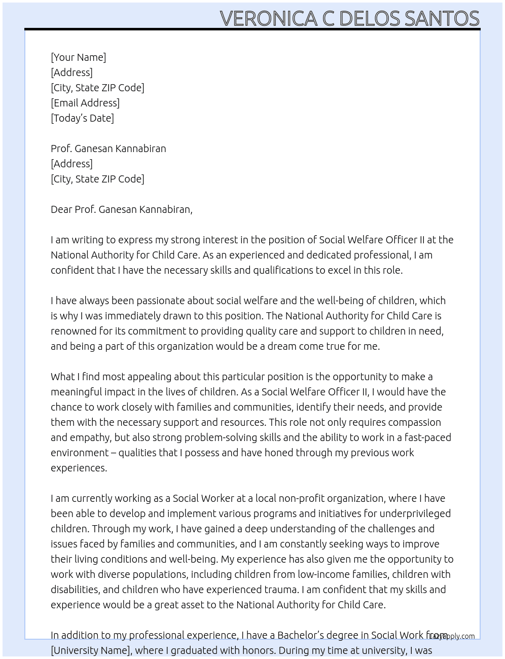 SOCIAL WELFARE OFFICER II At NATIONAL AUTHORITY FOR CHILD CARE Cover Letter