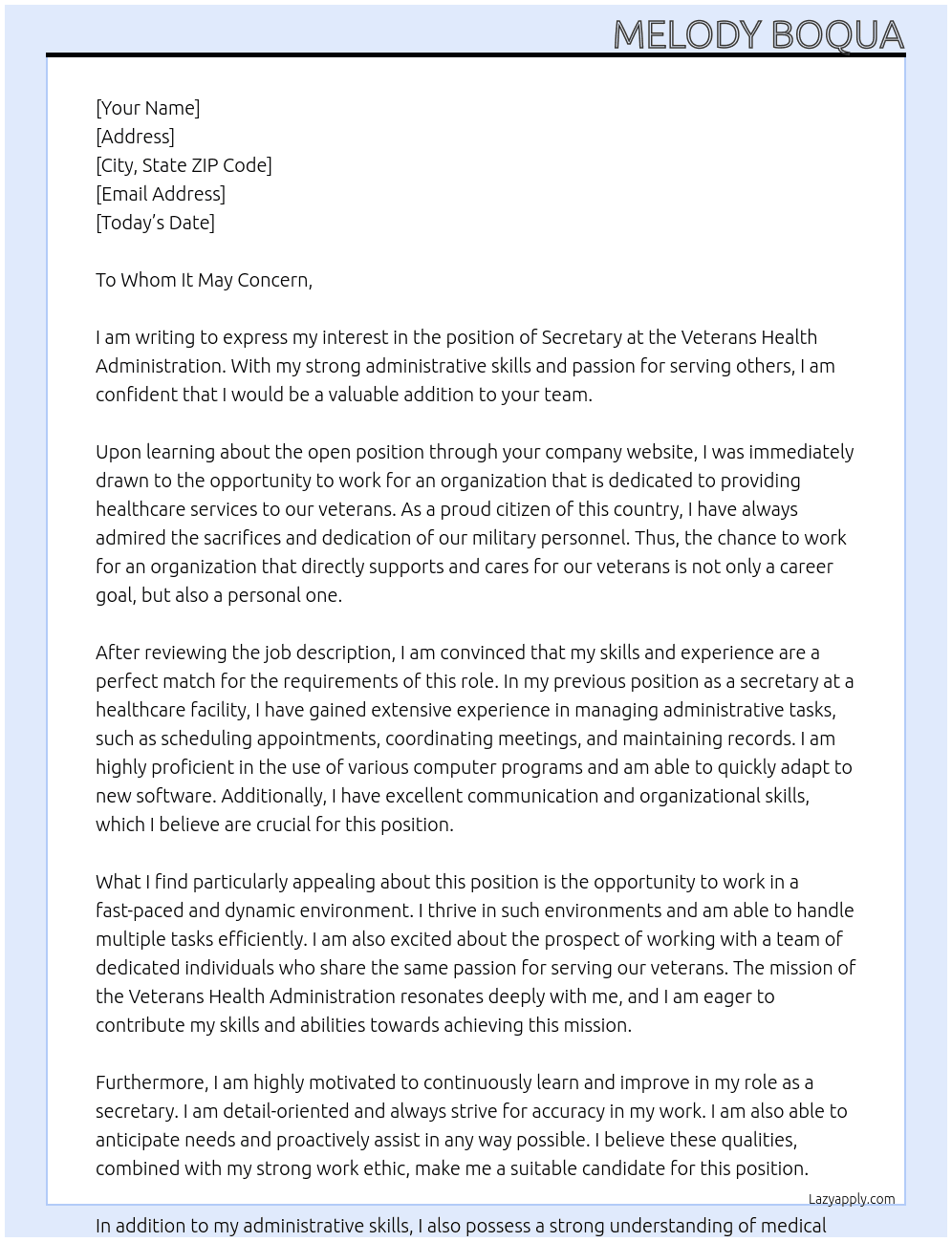 Secretary At Veterans Health Administration Cover Letter