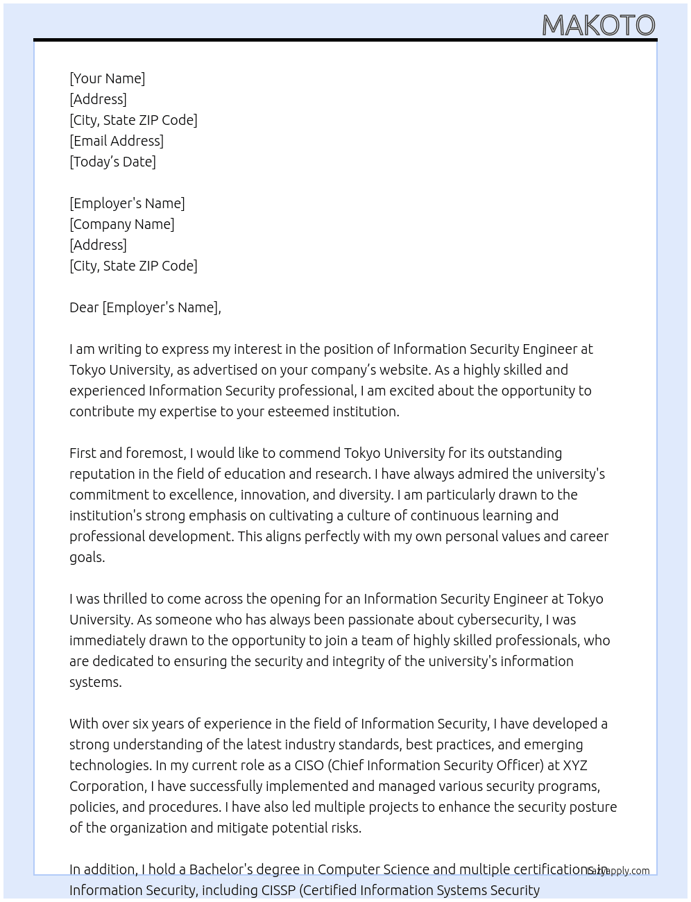 Information Security engineer At Tokyo University Cover Letter