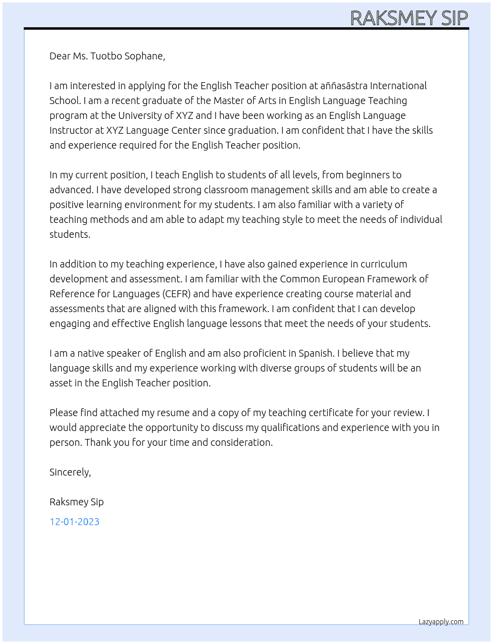 English Teacher At aññasāstra International School Cover Letter