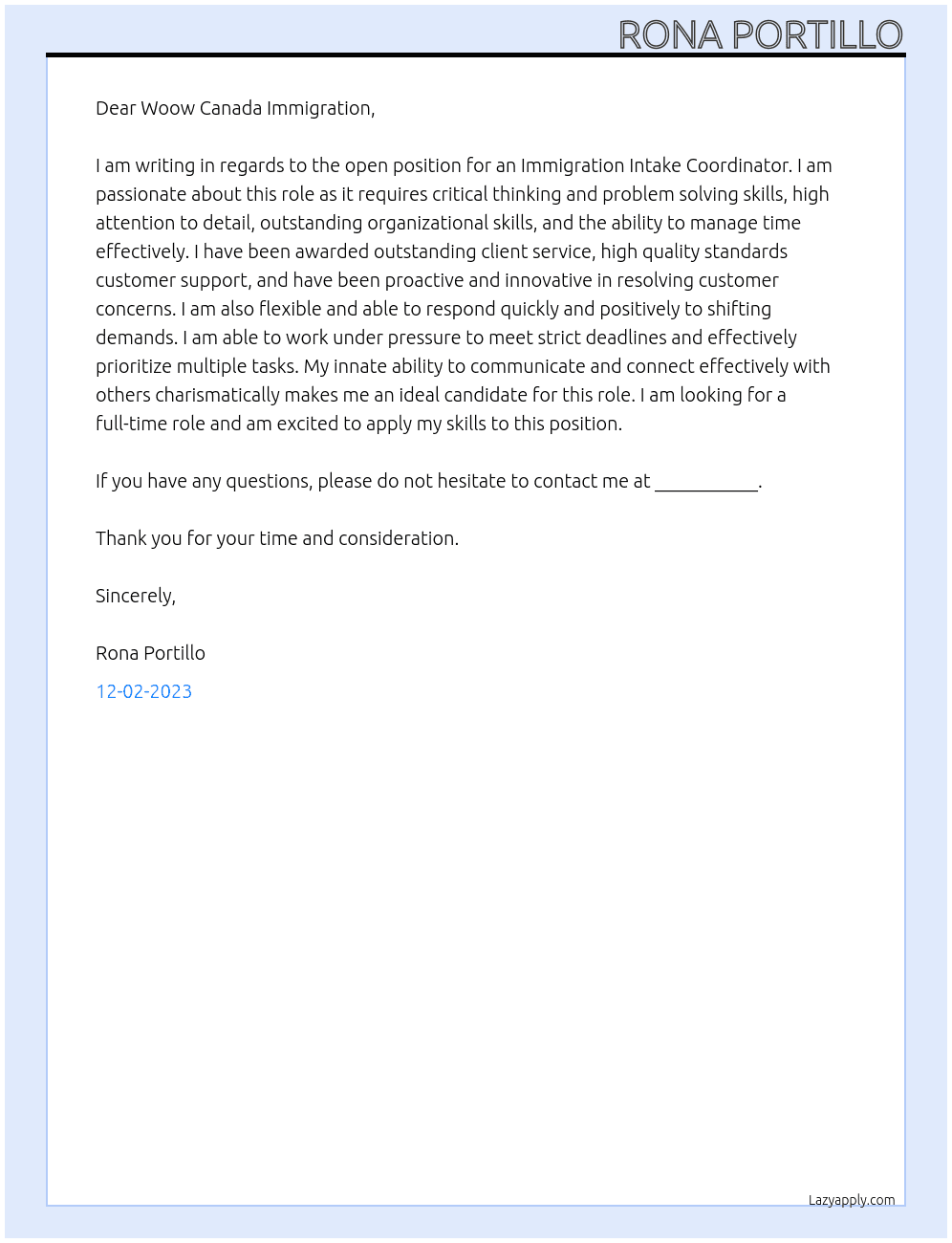 Immigration Intake Coordinator  At Woow Canada Immigration  Cover Letter