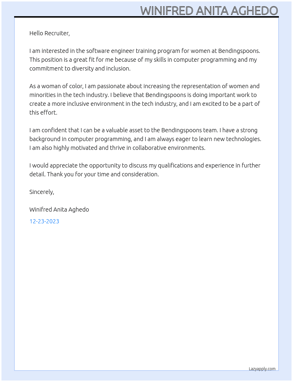 Software engineer training program for women  At Bendingspoons Cover Letter