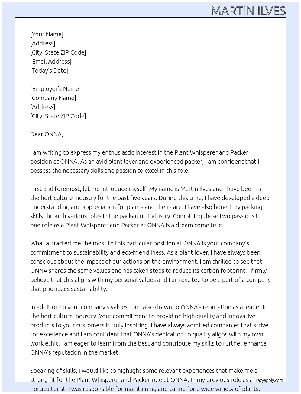 Plant Whisperer and Packer At ONNA  Cover Letter