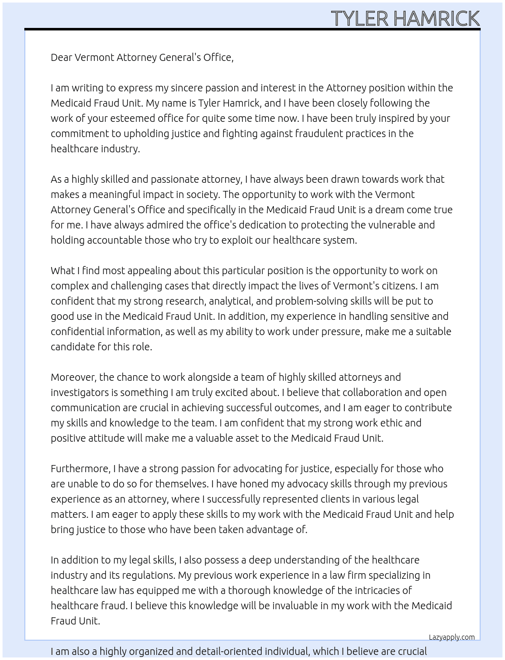 Attorney At Medicaid Fraud Unit Cover Letter