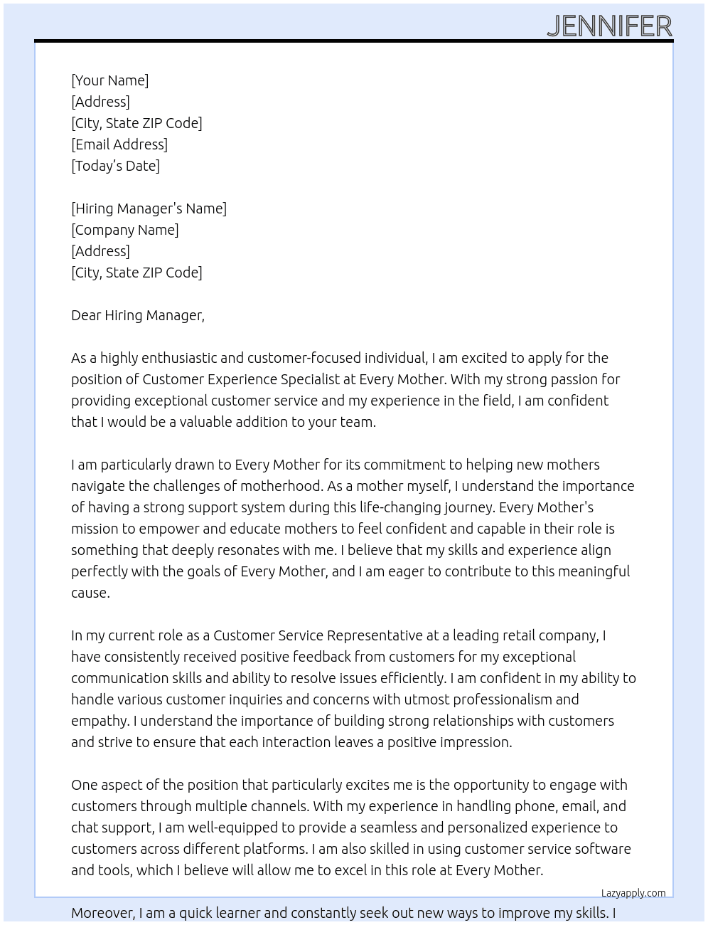 Customer Experience Specialist At Every Mother Cover Letter