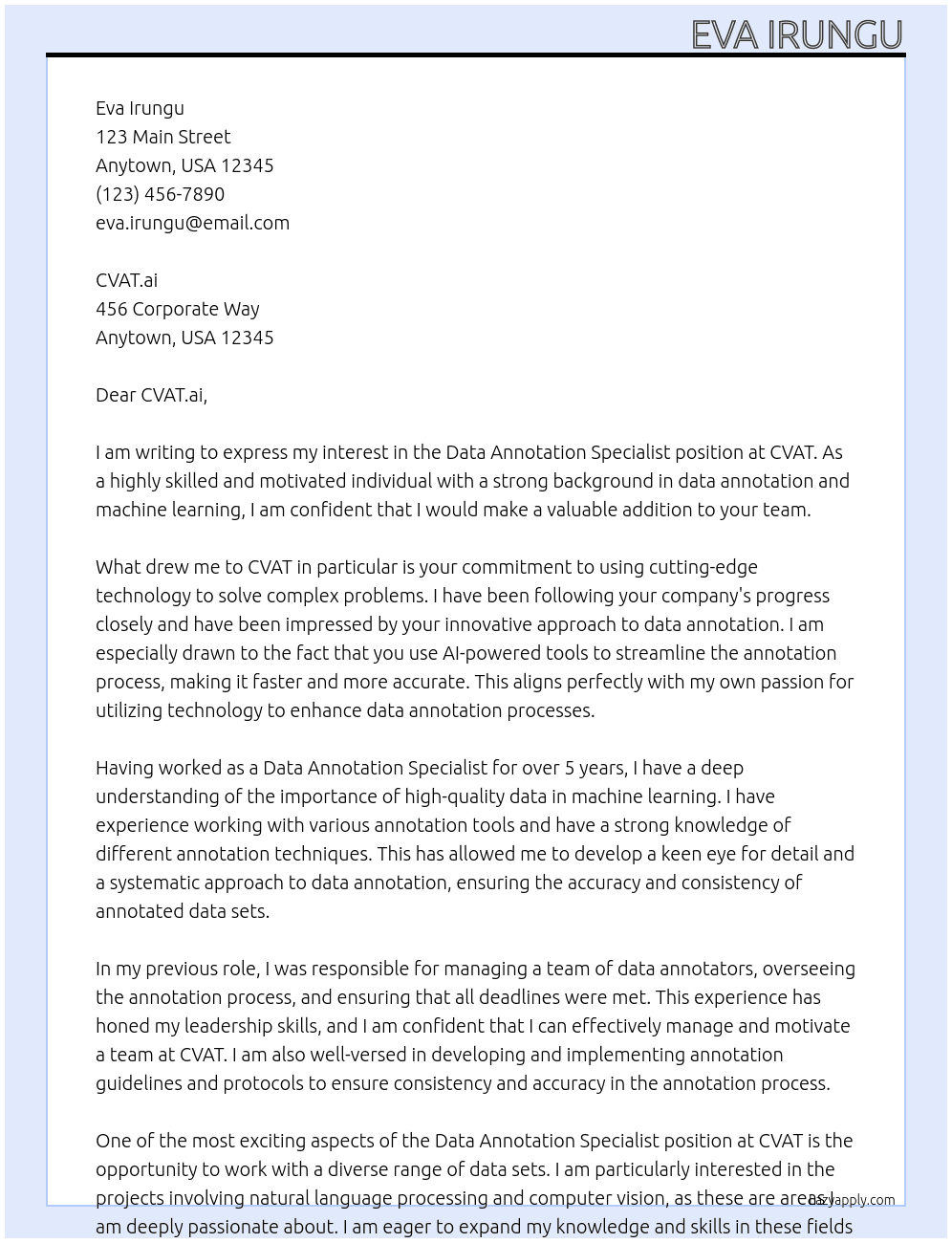 Data Annotation Specialist At CVAT Cover Letter