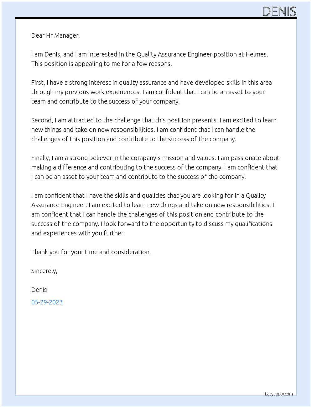 Quality Assurance Engineer  At Helmes Cover Letter