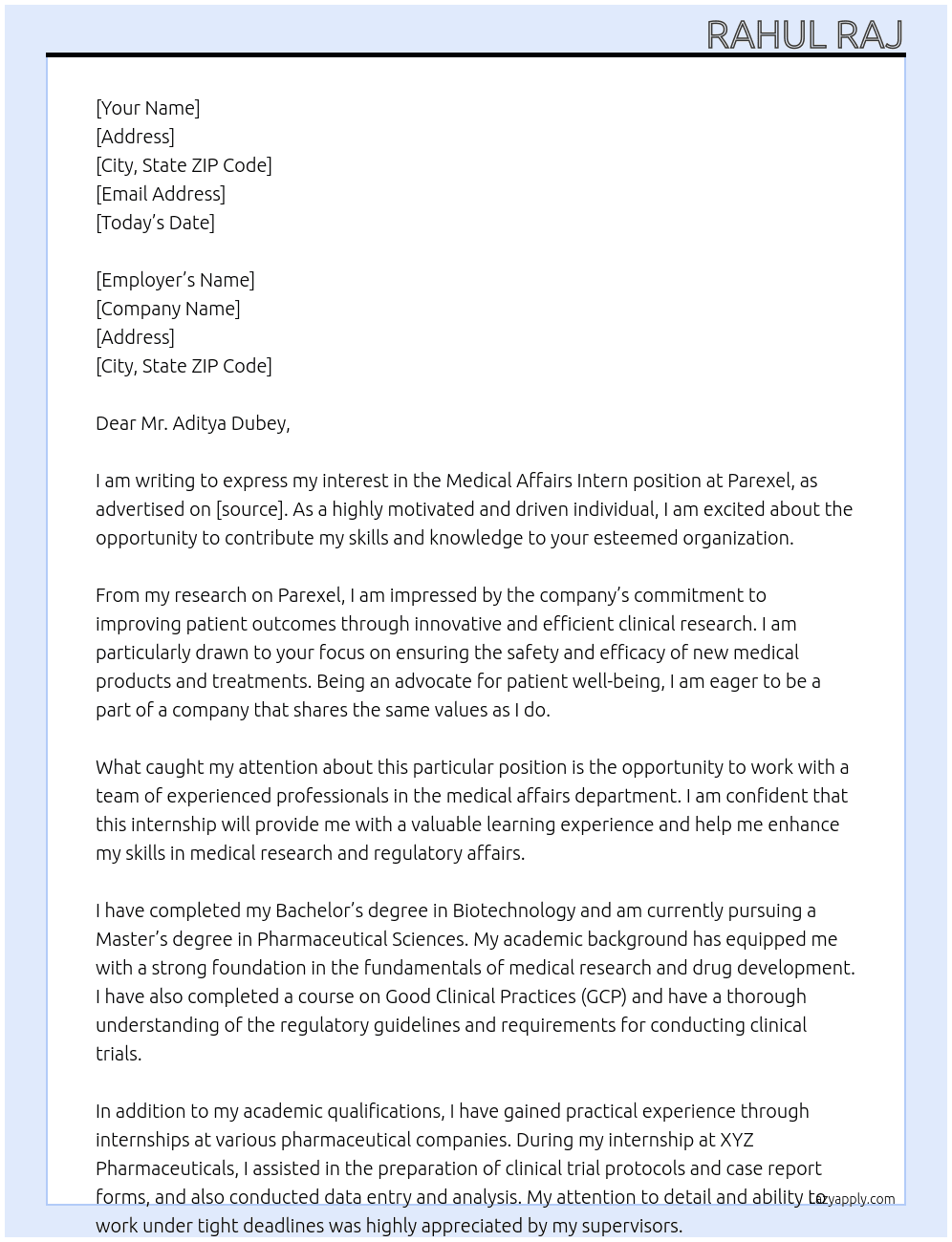 medical affairs intern At Parexel Cover Letter