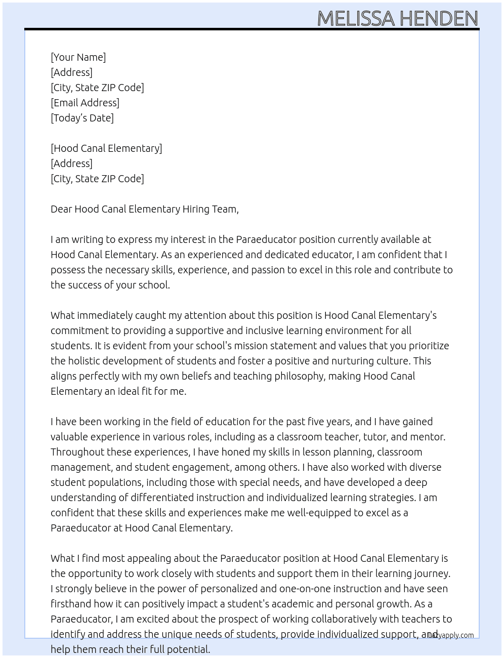 Paraeducator At Hood Canal Elementary Cover Letter