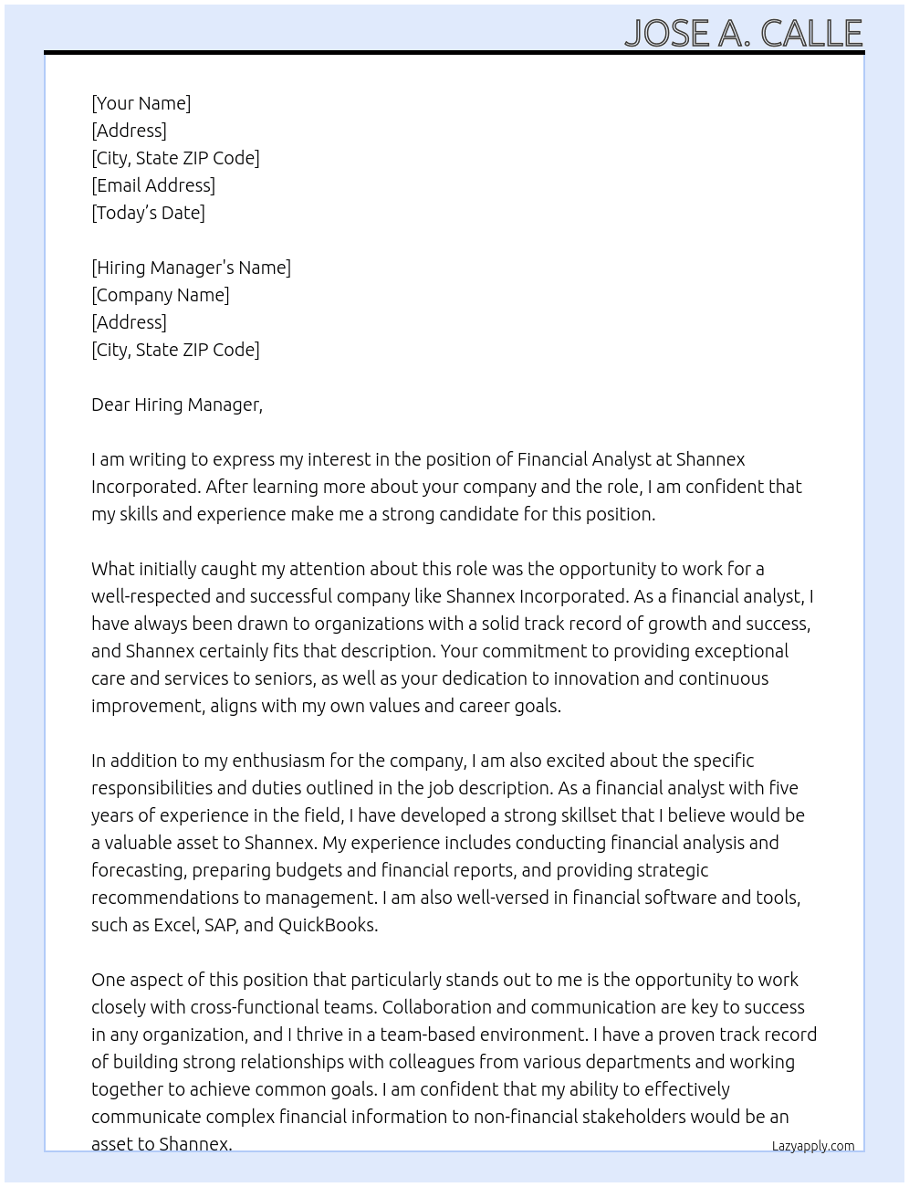 Financial Analyst At  Shannex Incorporated Cover Letter