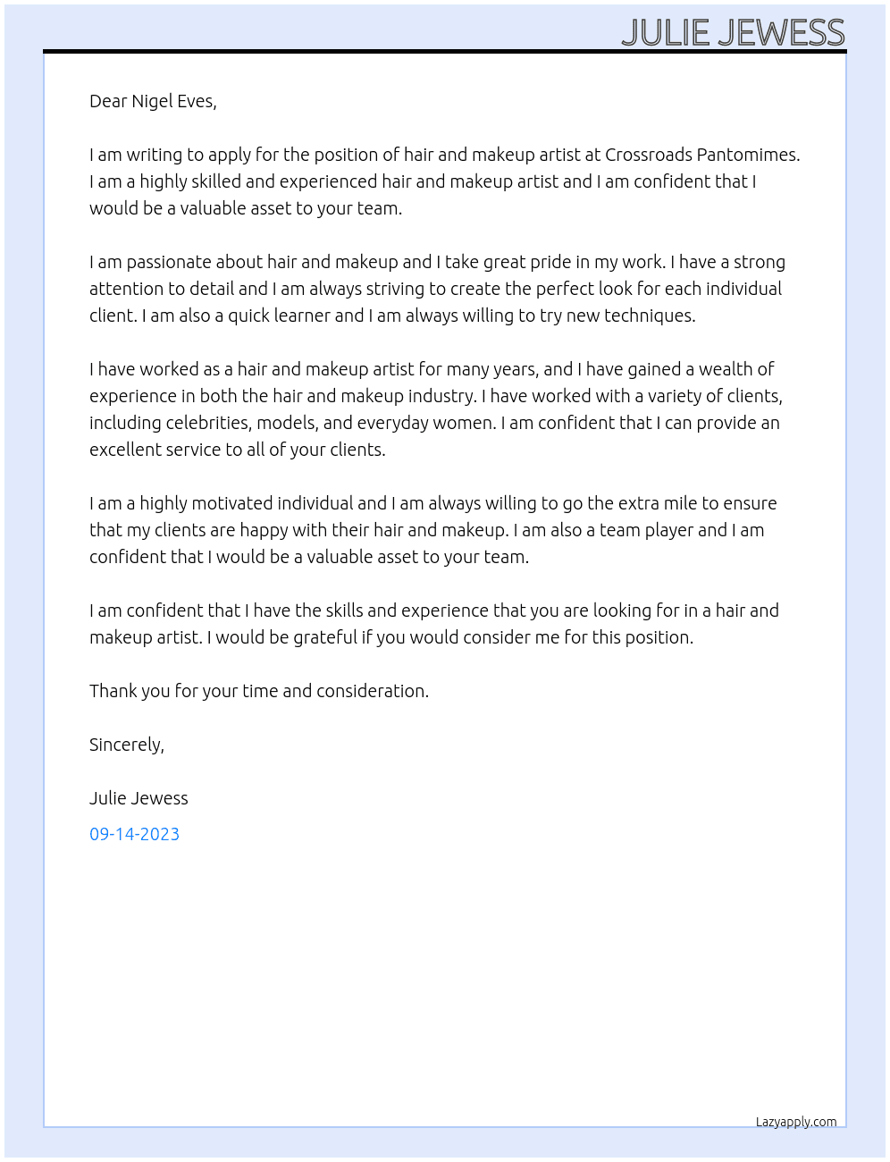 Hair & Makeup Artist At Crossroads Pantomimes Cover Letter