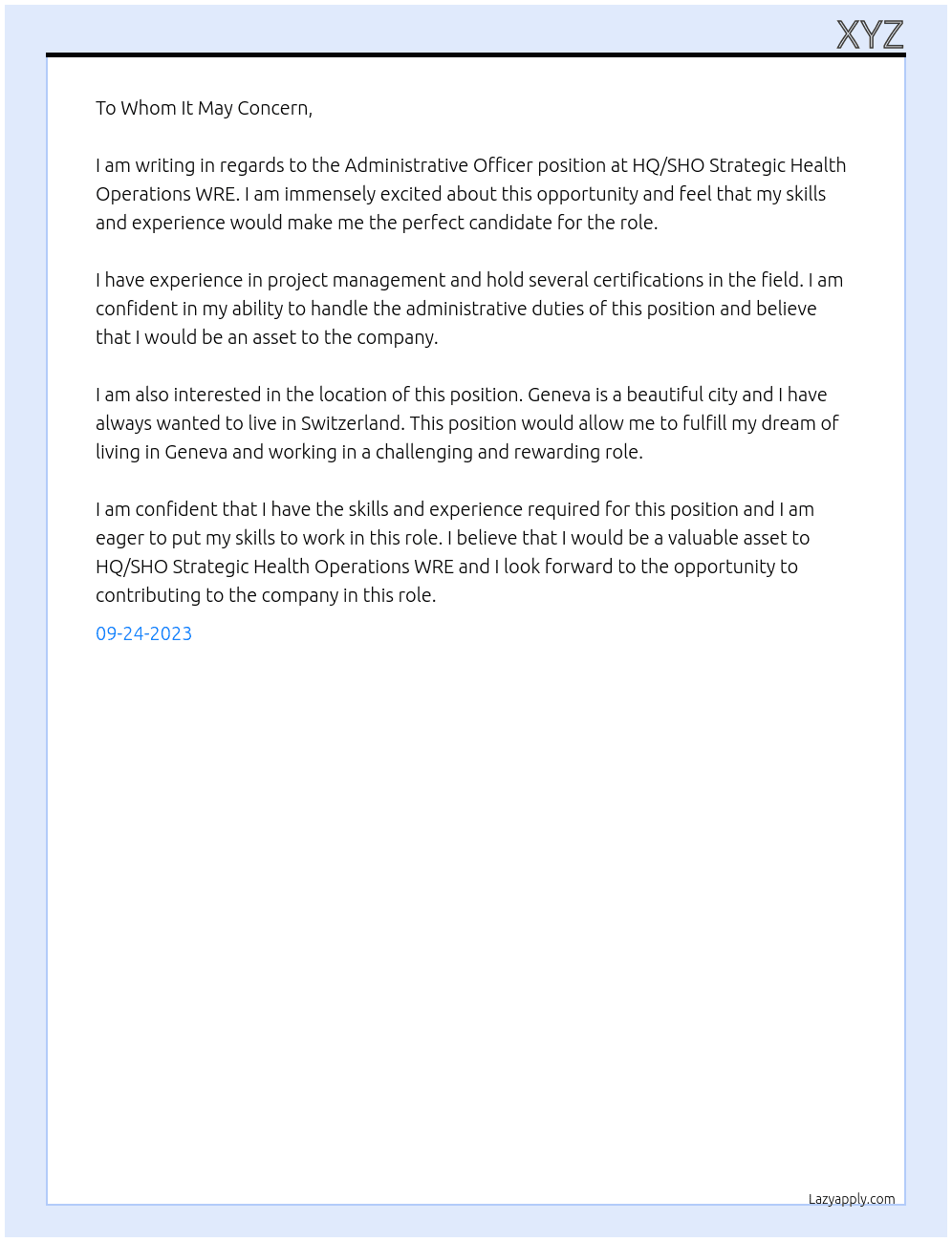 Administrative Officer At HQ/SHO Strategic Health Operations WRE Cover Letter