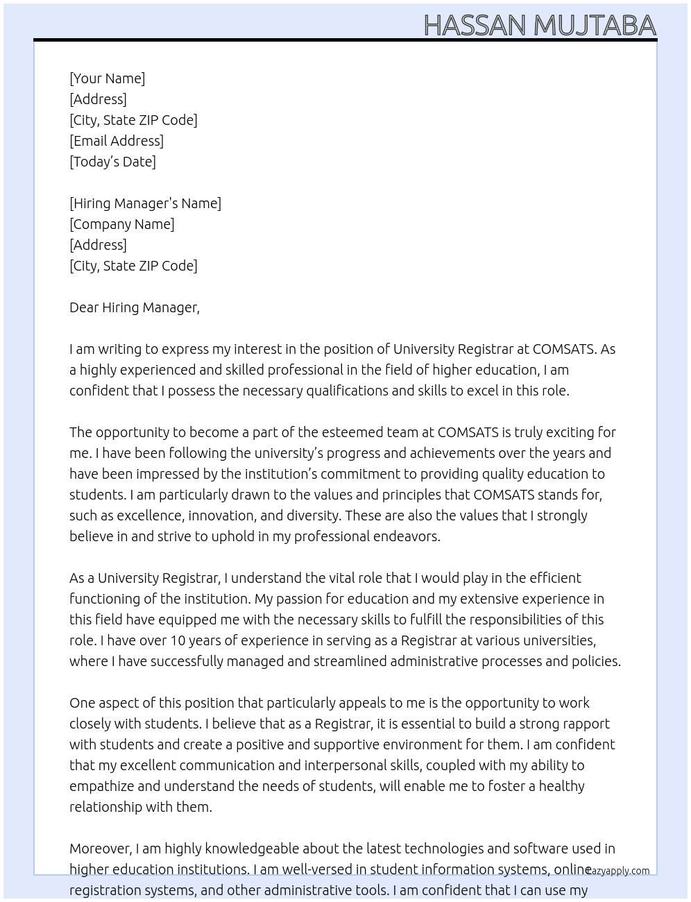 University Registrar At COMSATS Cover Letter