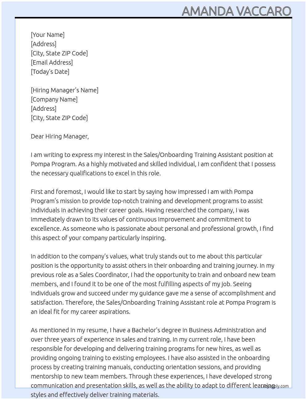 Sales/Onboarding Training Assistant At Pompa Program Cover Letter