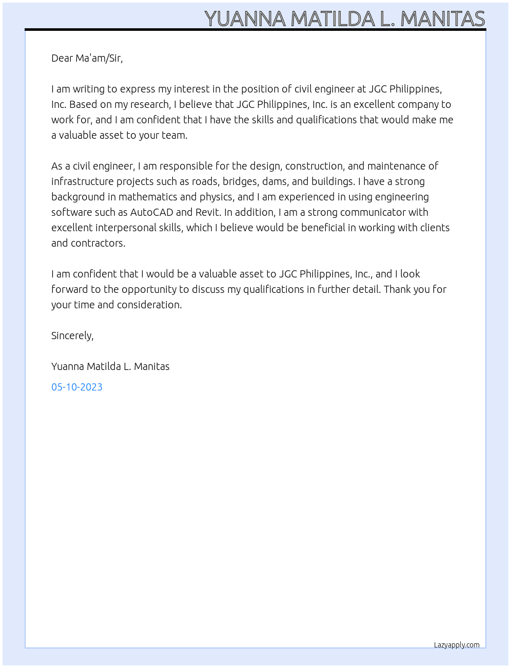 Civil Engineering At JGC Philippines, Inc.  Cover Letter