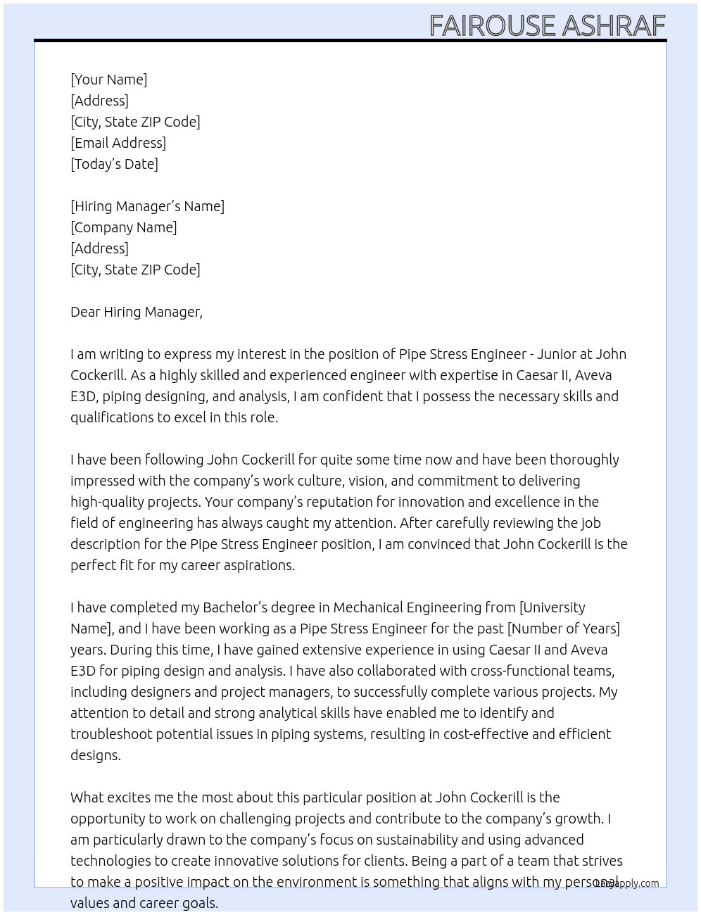 Pipe Stress Engineer - Junior At John Cockerill Cover Letter