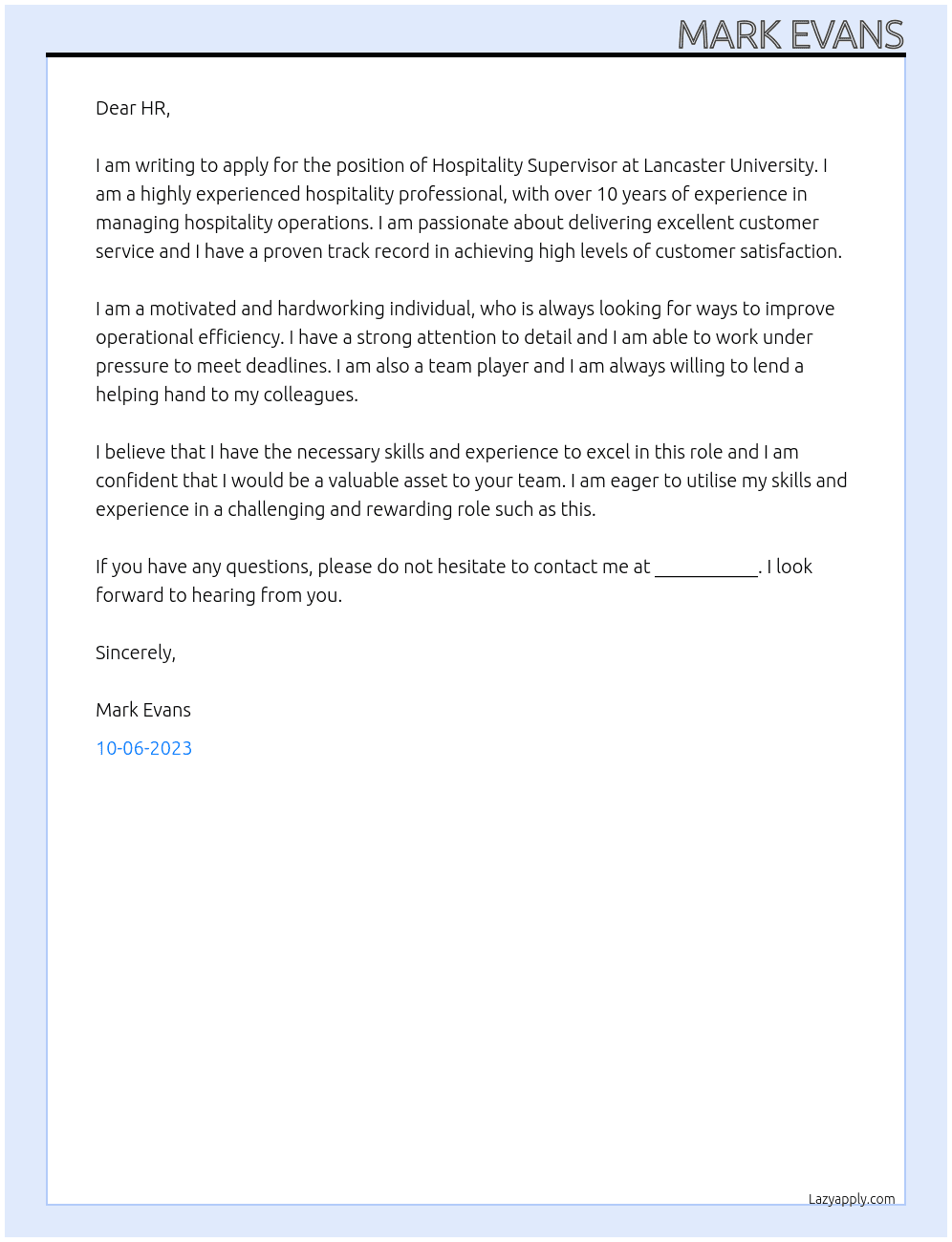 Hospitality Supervisor At Lancaster University Cover Letter