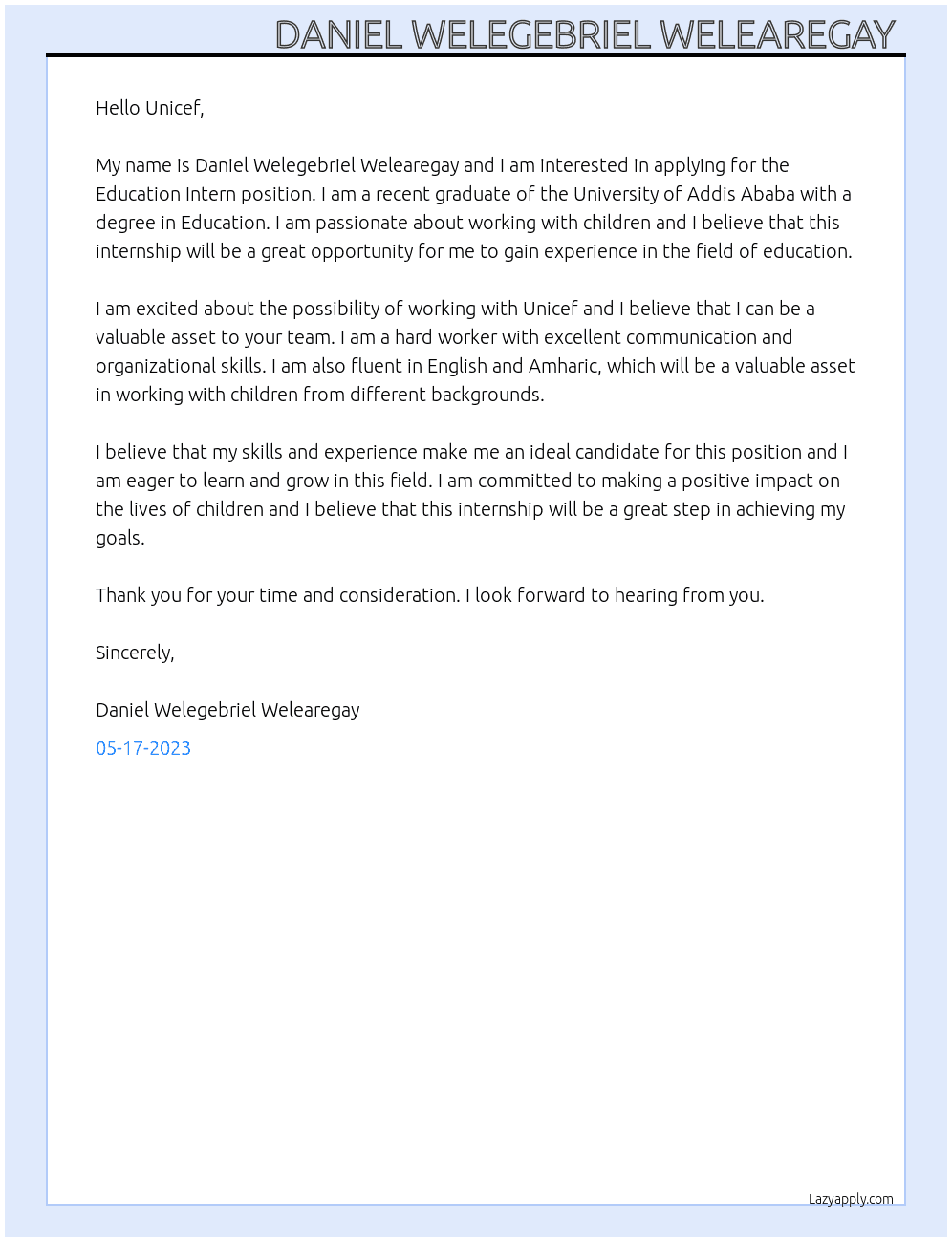 Education Intern At United Nations for Children Fund Cover Letter