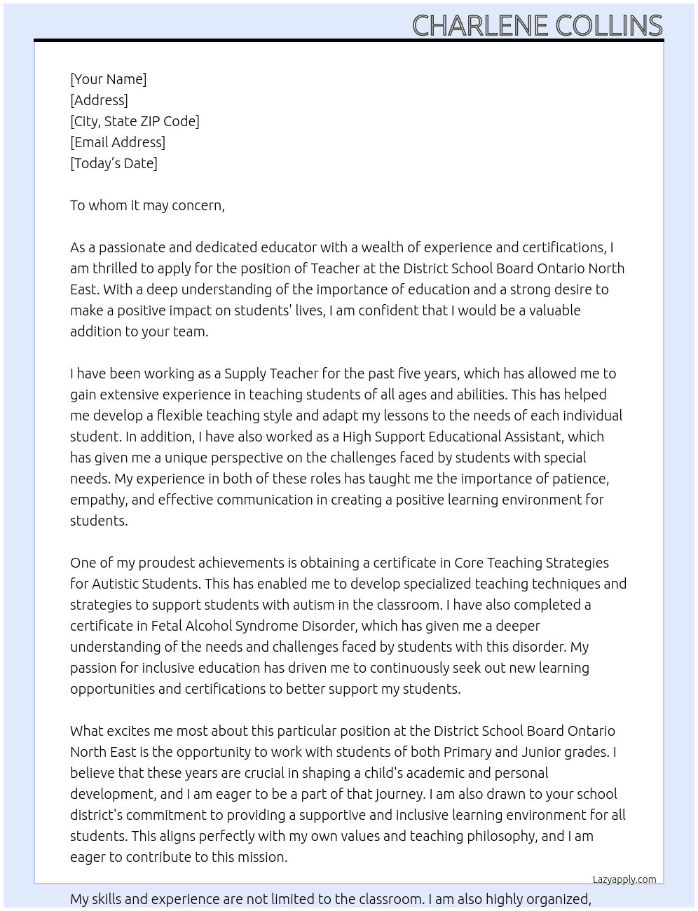 Teacher At District school board Ontario North East  Cover Letter