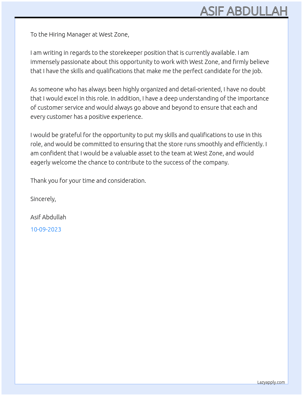 STOREKEEPER At WEST ZONE Cover Letter