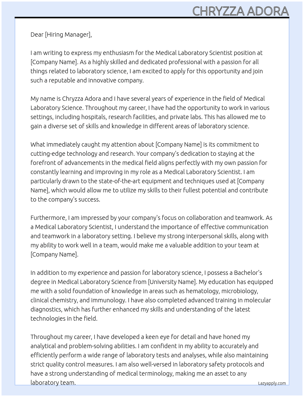 Medical Laboratory Scientist  At Chryzza Adora Cover Letter
