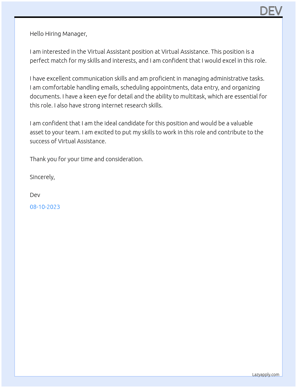 Virtual Assistant At Virtual Assistance  Cover Letter