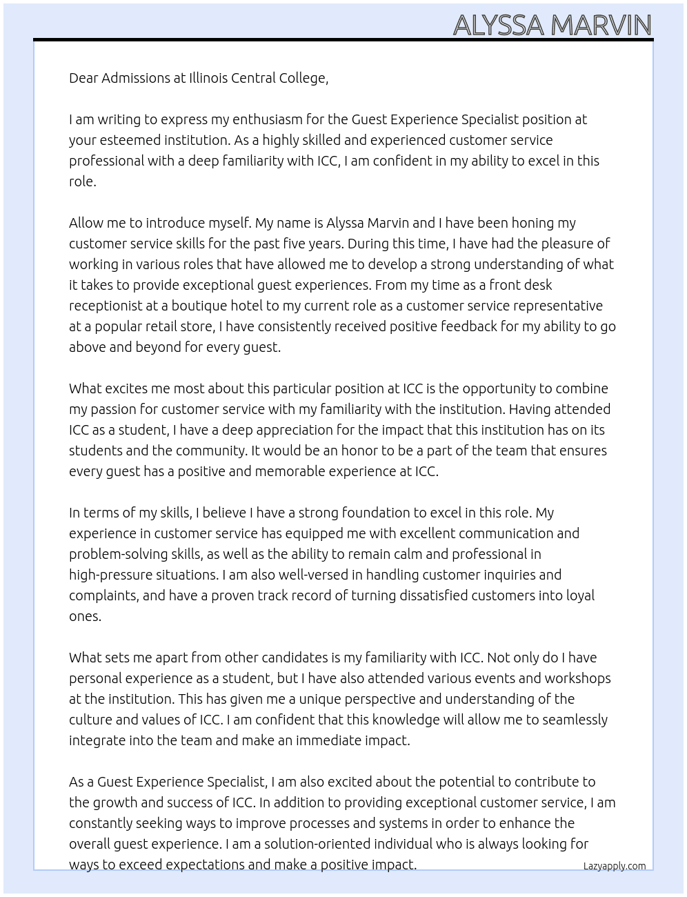 Guest Experience Specialist At Illinois Central College Cover Letter